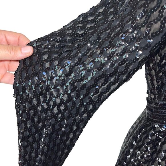 Vintage Womens Dress Black Size S Sequin Maxi Side Slit Mock Neck Long Sleeve - Picture 6 of 9